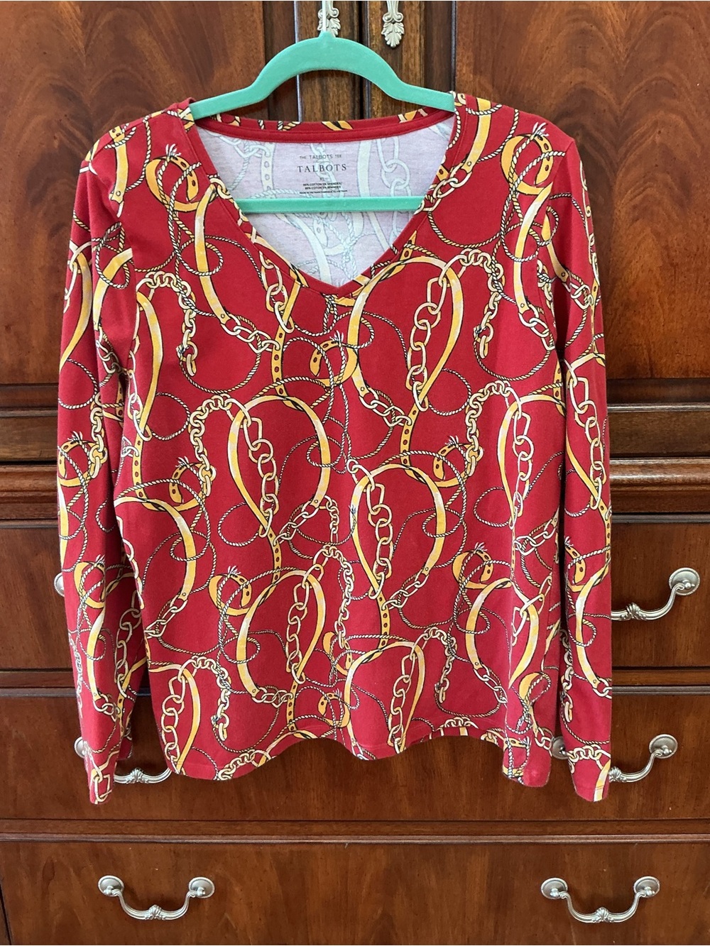 Talbots Red V-Neck Long Sleeve Top with Gold Chain Print